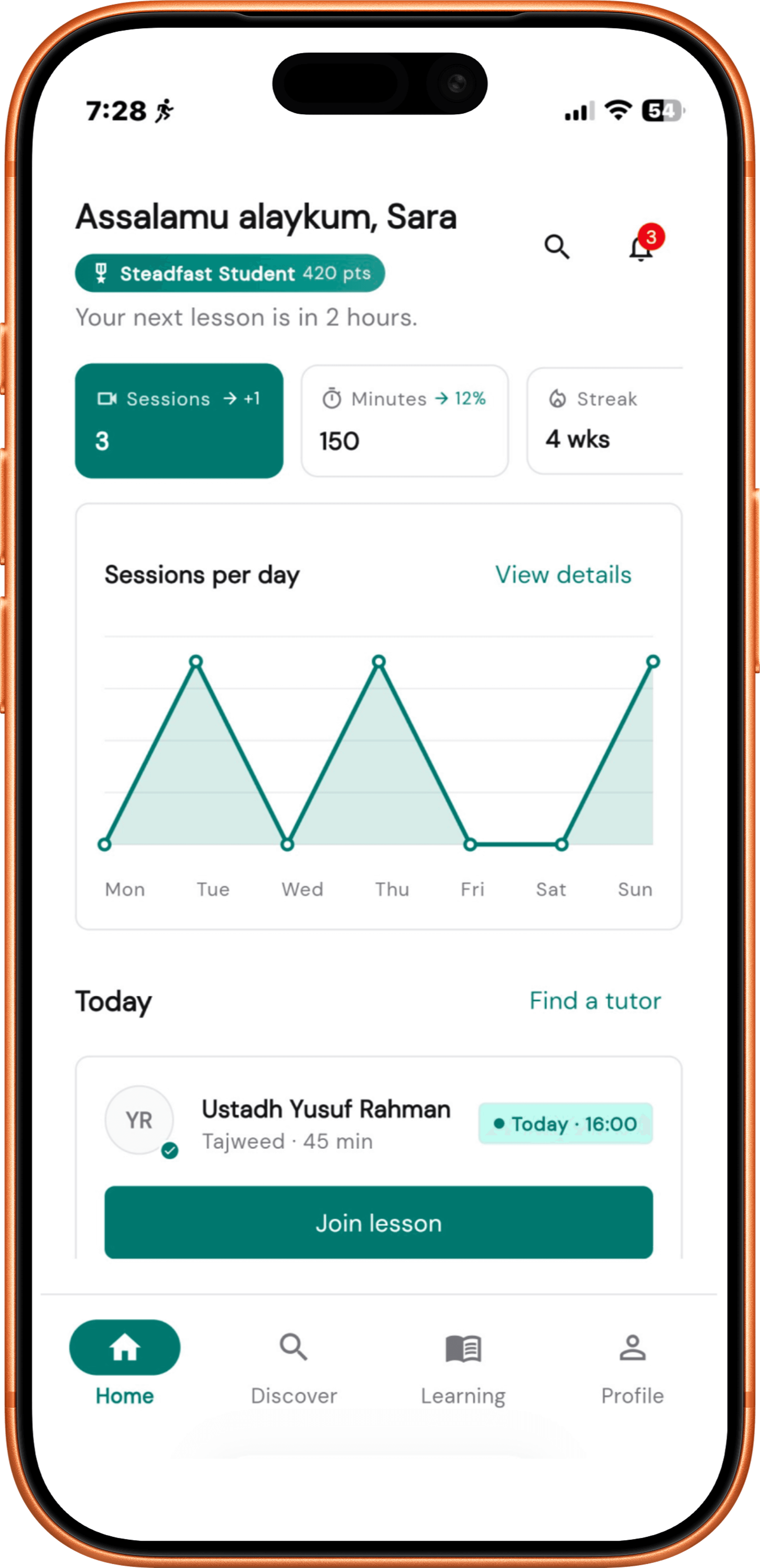 Sanad learner app on a phone showing the home dashboard